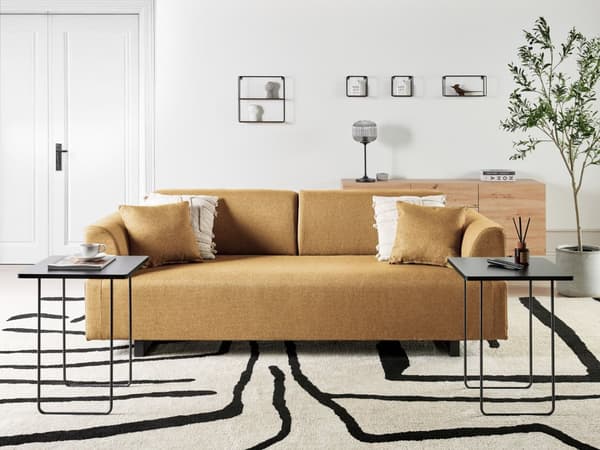 Sofa med Sidebord Gul Polyester 3-seter Avtakbare Armlener Ryggstøtte 2 Sidebord