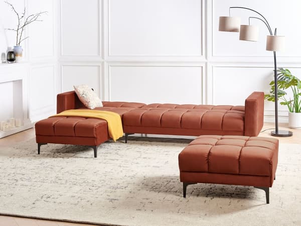 Sovesofa med Chaiselong Rød Velour 4 Personers Sofa L Formet Hjørnesofa med Fodskammel Sofaseng Stofsofa Design Hjørnesovesofa