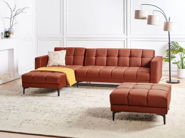 Sovesofa med Chaiselong Rød Velour 4 Personers Sofa L Formet Hjørnesofa med Fodskammel Sofaseng Stofsofa Design Hjørnesovesofa