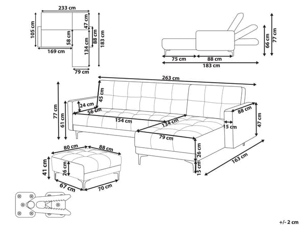 Sovesofa med Chaiselong Rød Velour 4 Personers Sofa L Formet Hjørnesofa med Fodskammel Sofaseng Stofsofa Design Hjørnesovesofa