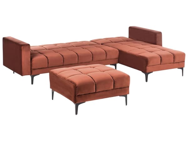 Sovesofa med Chaiselong Rød Velour 4 Personers Sofa L Formet Hjørnesofa med Fodskammel Sofaseng Stofsofa Design Hjørnesovesofa