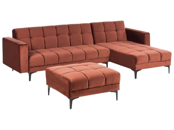 Sovesofa med Chaiselong Rød Velour 4 Personers Sofa L Formet Hjørnesofa med Fodskammel Sofaseng Stofsofa Design Hjørnesovesofa