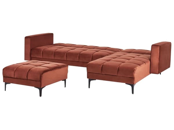 Venstre Hjørnesofa med Ottoman Rød Polyester Trekk Fløyel Liggende Ryggstøtte 3 Stillinger Click-Clack