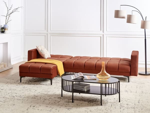 Høyre Hjørnesofa med Ottoman Rød Polyester Trekk i Fløyel Liggende Ryggstøtte 3 Stillinger Click-Clack