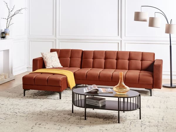 Høyre Hjørnesofa med Ottoman Rød Polyester Trekk i Fløyel Liggende Ryggstøtte 3 Stillinger Click-Clack