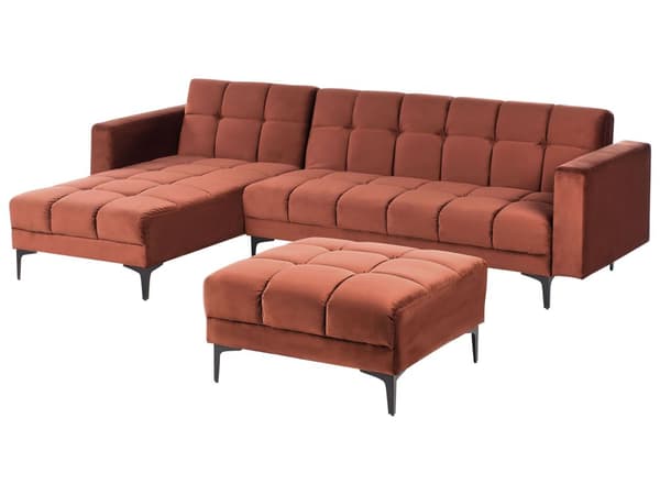 Høyre Hjørnesofa med Ottoman Rød Polyester Trekk Fløyel Liggende Ryggstøtte 3 Stillinger Click-Clack