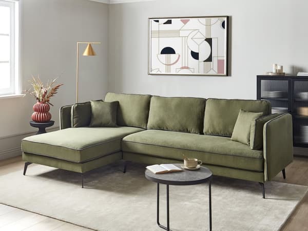 Hjørnesofa med Chaiselong Grøn Polyester 3 Personers Sofa L Formet Dyb Sofahjørne Siddemøbel Blød Stofsofa Højrevendt