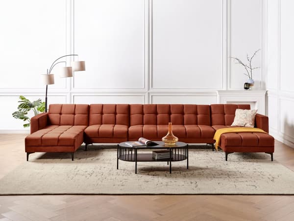 Soffa 6-sits U-formad Röd Sammet Tyg Klädsel Lutande Ryggstöd 3 Lägen Klick-Klack