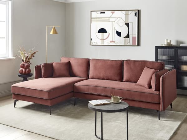 Hörnsoffa Höger Vinröd Klädsel Polyester Metallben Sittdynor Ryggstöd Dekorativa Prydnadskuddar Modern Design Vardagsrum