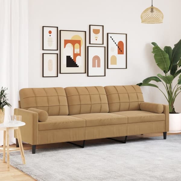 3-sitssoffa med prydnadskuddar brun 210 cm sammet
