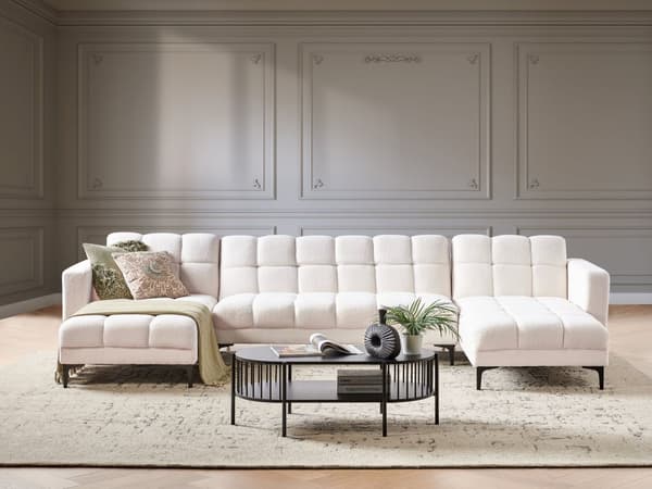 Bäddsoffa Vit Bouclé 5-sits Lutande Fällbart Ryggstöd 3 positioner Modern Stil Vardagsrum Sovrum