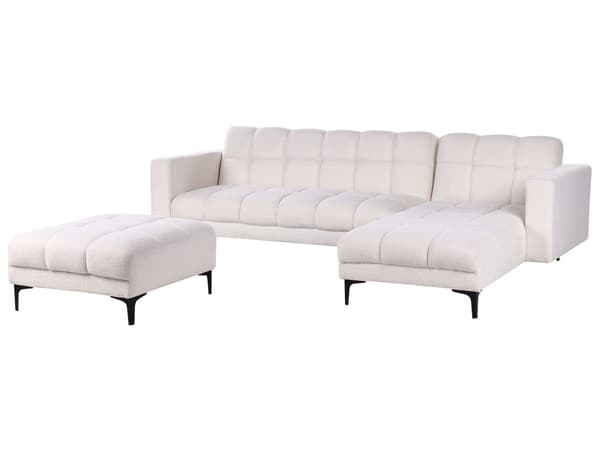 Hörnsoffa med Fotpall Vänster Vit Bouclé 4-sits Lutande Fällbart Ryggstöd 3 positioner Modern Stil Vardagsrum Sovrum
