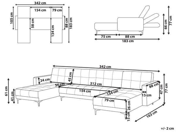 Sofa Hvit Bouclé 5-seter U-form Svarte ben Justerbart rygglene med 3 stillinger Klikk-klakk-mekanisme Moderne design