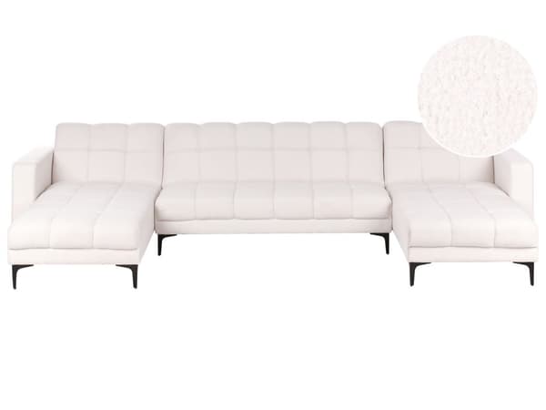 Sofa Hvit Bouclé 5-seter U-form Svarte ben Justerbart rygglene med 3 stillinger Klikk-klakk-mekanisme Moderne design