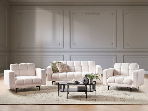 5-seters sittegruppe Hvit Bouclé 3-seters sofa 2 lenestoler Justerbart rygglene med 3 stillinger Klikk-klakk-mekanisme Moderne design