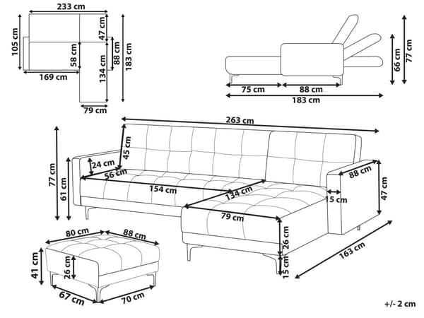 Hjørnesofa med fotskammel Hvit Bouclé 4-seter Venstrevendt Justerbart rygglene med 3 stillinger Klikk-klakk-mekanisme Moderne design