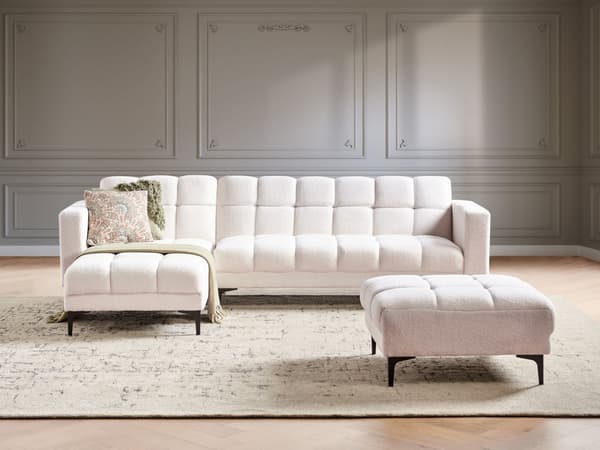 Hjørnesofa med fotskammel Hvit Bouclé 4-seter Høyrevendt Svarte ben Justerbart rygglene med 3 stillinger Klikk-klakk-mekanisme Moderne design