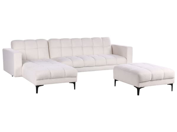 Hjørnesofa med fotskammel Hvit Bouclé 4-seter Høyrevendt Svarte ben Justerbart rygglene med 3 stillinger Klikk-klakk-mekanisme Moderne design