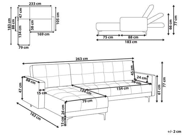 Hjørnesofa Hvit Bouclé 4-seter Høyrevendt Svarte ben Justerbart rygglene med 3 stillinger Klikk-klakk-mekanisme Moderne design