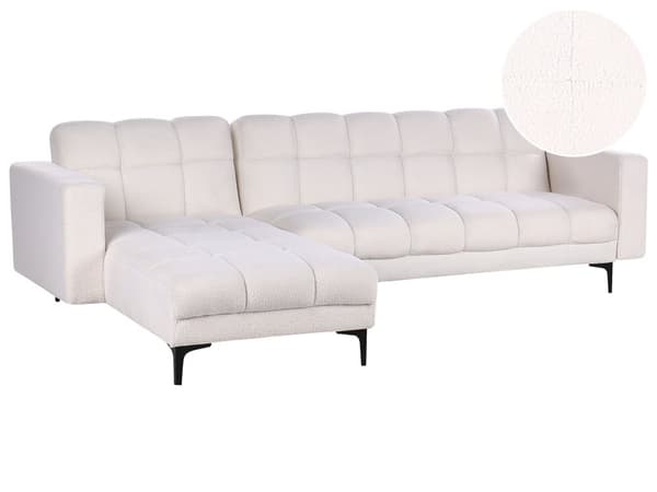 Hjørnesofa Hvit Bouclé 4-seter Høyrevendt Svarte ben Justerbart rygglene med 3 stillinger Klikk-klakk-mekanisme Moderne design