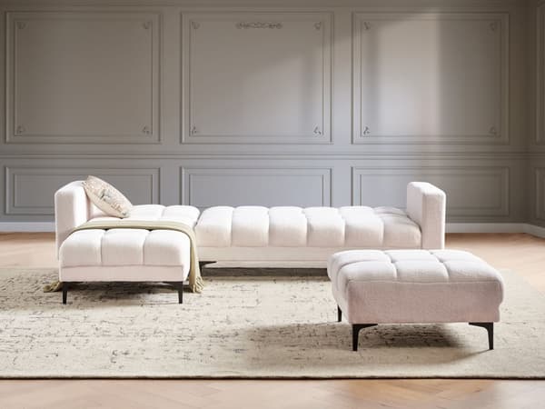 Sovesofa med Chaiselong Hvid Boucle 4 Personers Sofa L Formet Hjørnesofa med Fodskammel Dyb Sofaseng Stofsofa Design Hjørnesovesofa
