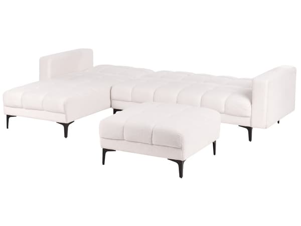 Sovesofa med Chaiselong Hvid Boucle 4 Personers Sofa L Formet Hjørnesofa med Fodskammel Dyb Sofaseng Stofsofa Design Hjørnesovesofa
