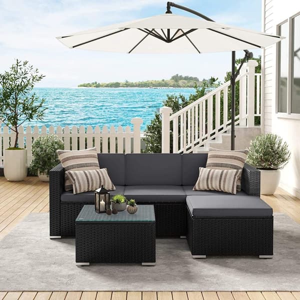 Rootz Utemöbler Set - Rottingsoffa - Trädgårdslounge - PE polyetenmaterial - VFT-kuddar - Soffbord i glas - 173cm x 58cm x 66cm