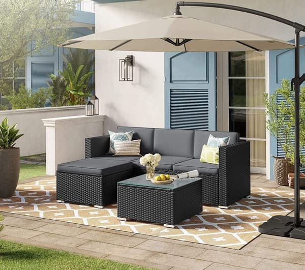 Rootz Utemöbler Set - Rottingsoffa - Trädgårdslounge - PE polyetenmaterial - VFT-kuddar - Soffbord i glas - 173cm x 58cm x 66cm