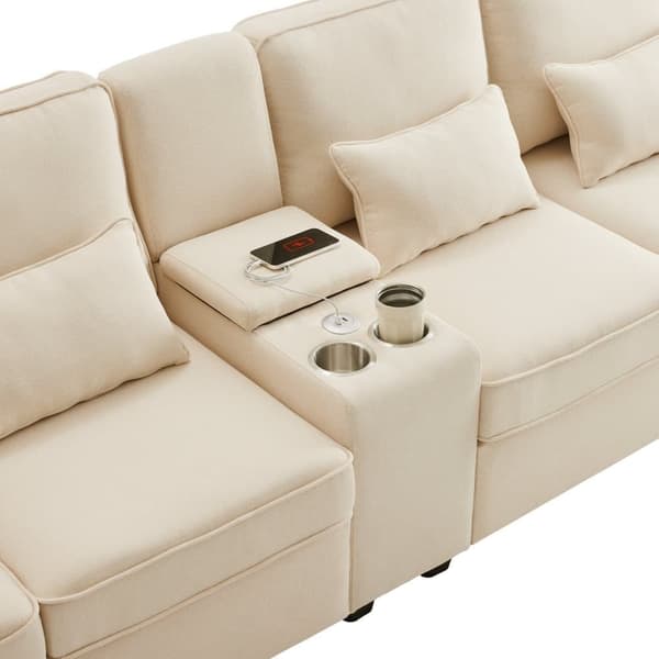 Moderne 4-personers hørsofa - med USB-porte og 2 kopholdere - beige