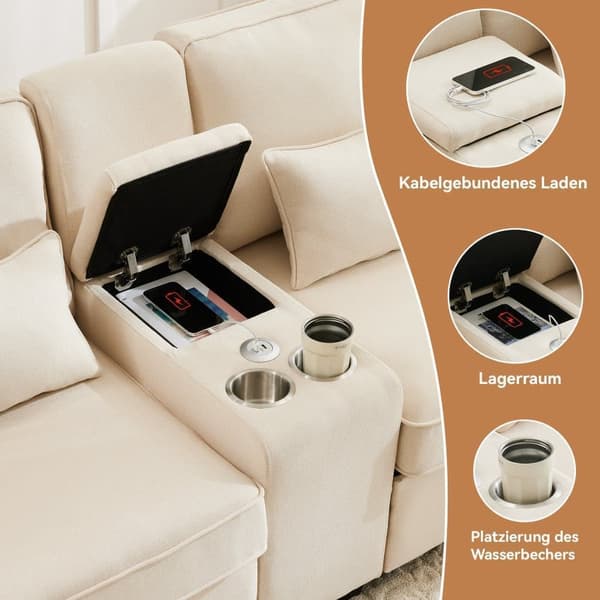 Moderne 4-personers hørsofa - med USB-porte og 2 kopholdere - beige