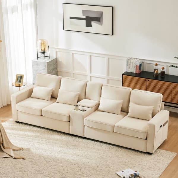 Moderne 4-personers hørsofa - med USB-porte og 2 kopholdere - beige