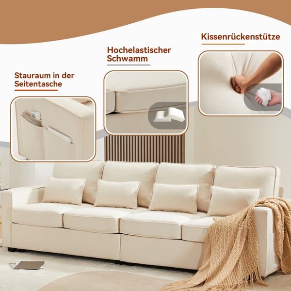 Fast 4-personers sofa i hørstof - med lommer i siderne - Beige