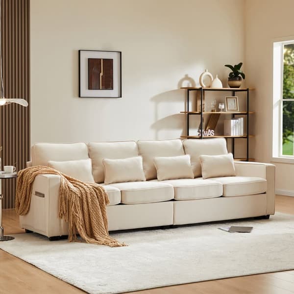 Fast 4-personers sofa i hørstof - med lommer i siderne - Beige