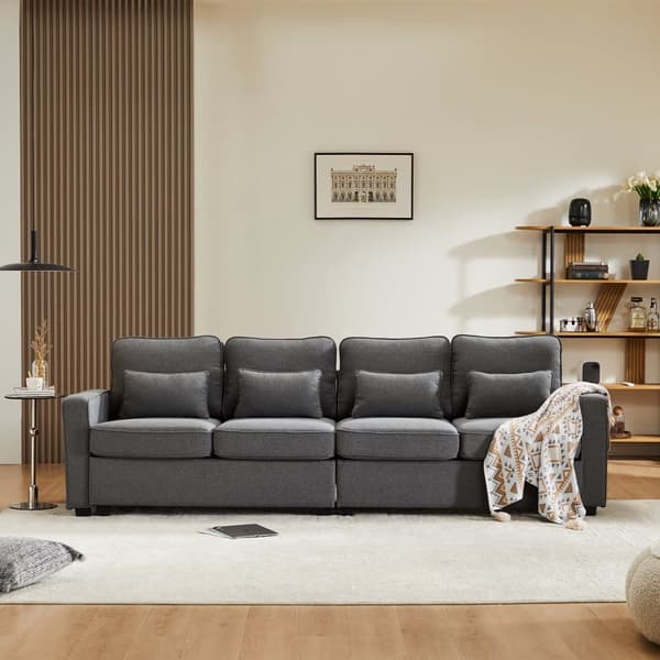 Fast 4-personers sofa i hørstof - med lommer i siderne - grå