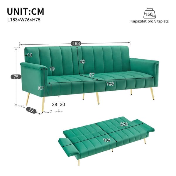 3-paikkainen samettinen vuodesohva - Emerald Green