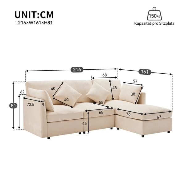 3-Sitzer-Ecksofa – mit modularer Fußstütze – Chenille – Beige