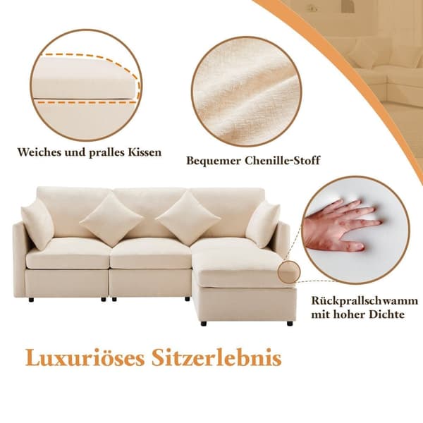 3-Sitzer-Ecksofa – mit modularer Fußstütze – Chenille – Beige
