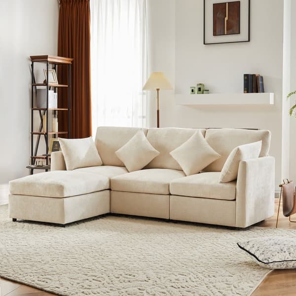 3-Sitzer-Ecksofa – mit modularer Fußstütze – Chenille – Beige