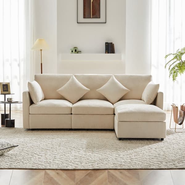 3-Sitzer-Ecksofa – mit modularer Fußstütze – Chenille – Beige