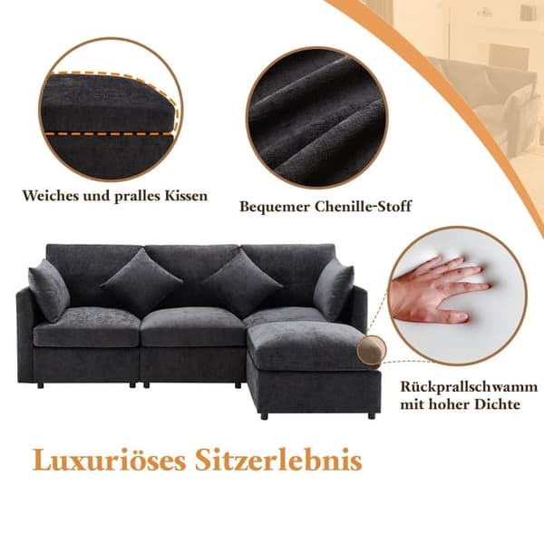 3-sits hörnsoffa - med modulärt fotstöd - chenille - grå