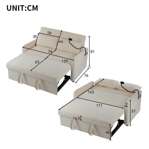 Multi-vinkel chenille stof konvertibel sofa - 2 sæder - med telefonholder og USB-porte - Beige