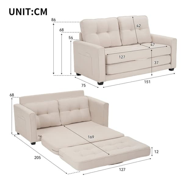 2-personers sofa - i hørstof - 2 lommer i siderne - Beige