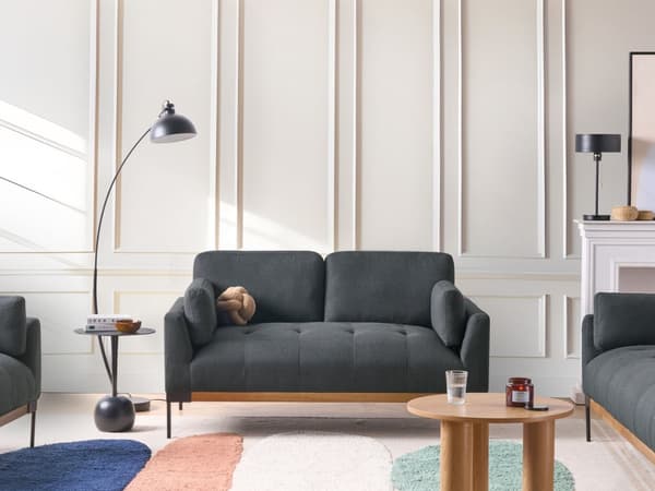 Soffa 2-sits Svart Polyester Tyg Järn Svarta Ben Stoppade Vardagsrumsmöbler