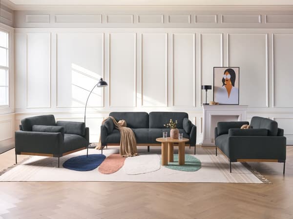 3-seters Sofa Svart Polyester Stoff Jern Svarte Ben Polstrede Stue Møbler