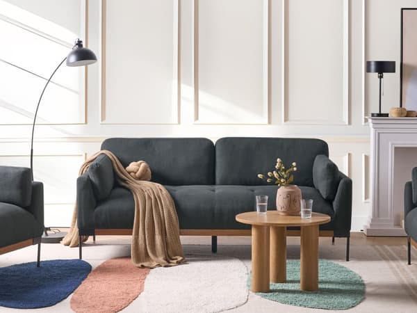 3-seters Sofa Svart Polyester Stoff Jern Svarte Ben Polstrede Stue Møbler