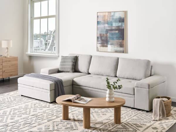 Hjørnesofa med opbevaring Lysegråt imiteret linned 3-personers Højrevendt sovefunktion