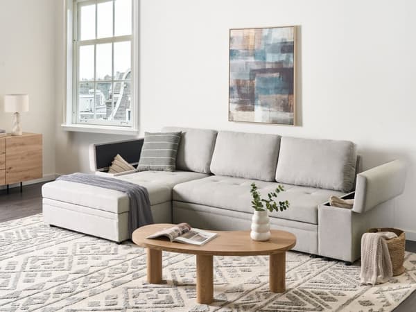 Hjørnesofa med opbevaring Lysegråt imiteret linned 3-personers Højrevendt sovefunktion