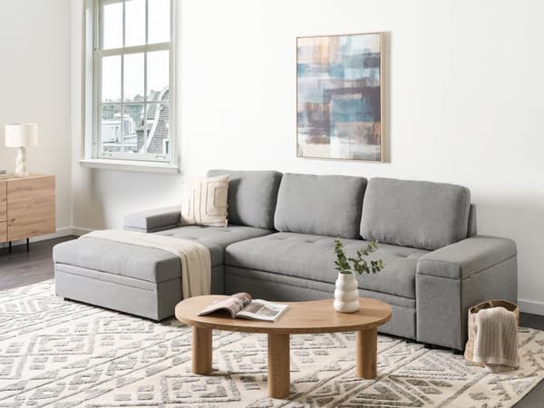 Hjørnesofa med opbevaring Gråt imiteret linned 3-personers Højrevendt sovefunktion