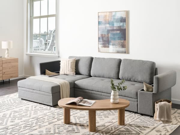 Hjørnesofa med opbevaring Gråt imiteret linned 3-personers Højrevendt sovefunktion
