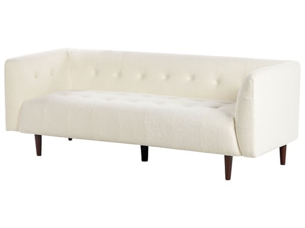Sofa Off-white Boucle Treben 3-seters Sofa med Knappet Treben og Polstring i Brunt Stoff Gummitreben